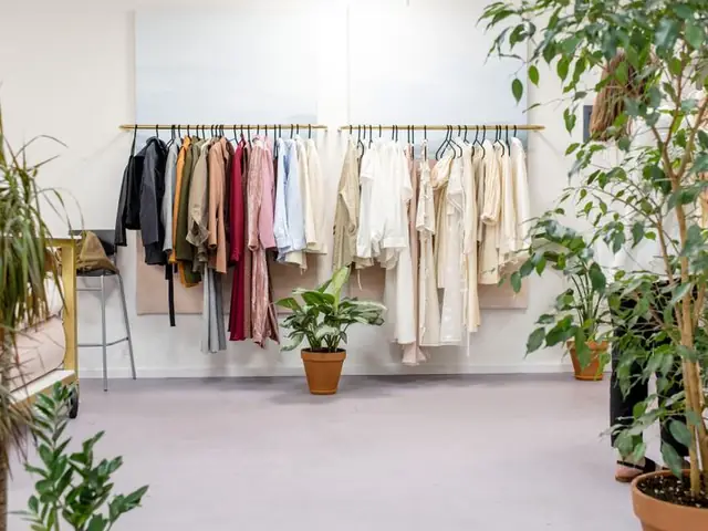 Roupa pendurada num varão, numa sala clara com plantas